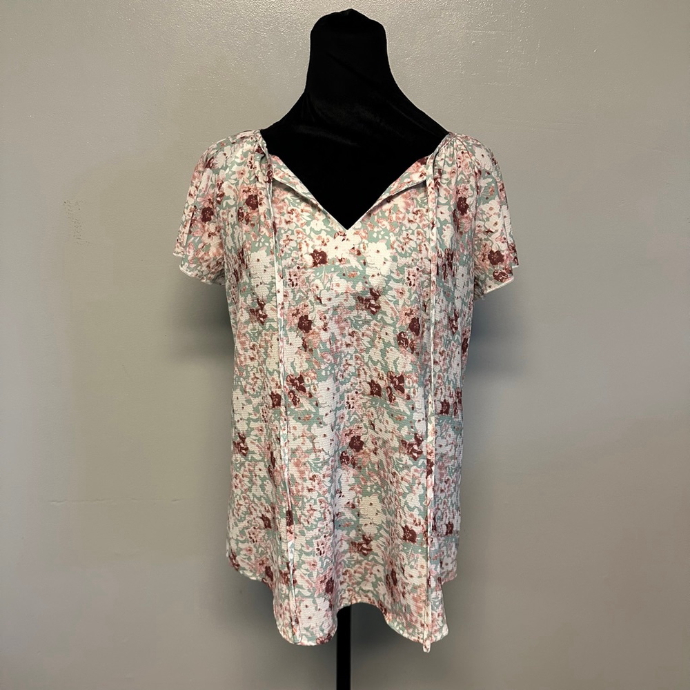 Women's SimpleFun Floral Tunic Top size medium White Pink Green v-neck